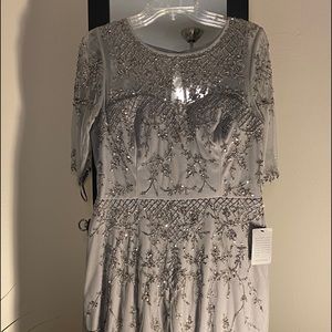 Adrianna Papell Knee Length Gray Beaded Dress